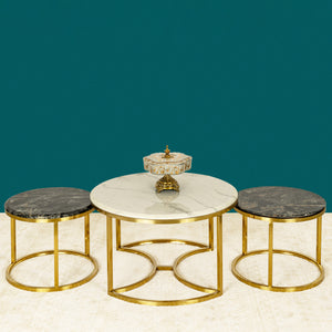 Opulent Tranquility Coffee Table Gold - Set of 3 (Black & White Stone) (STAINLESS STEEL)