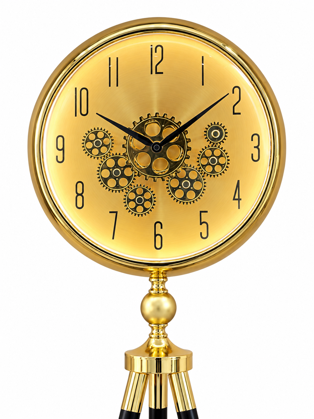 Momentum Dial Tripod Base Luxury Designer Clock With Moving Gear Mechanism - Gold (With Light & Remote)