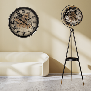 Moon Phase Tripod Base Floor Clock  & Phantom Dial Luxury Designer Wall Clock With Moving Gear Mechanism (Black) (Steel Body) - Combo