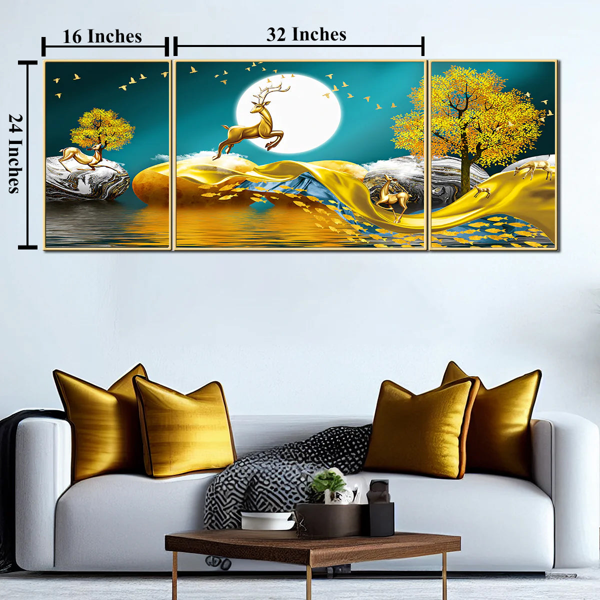 Mystical Moonlight Set of 3 Framed Canvas Wall Art - Yellow