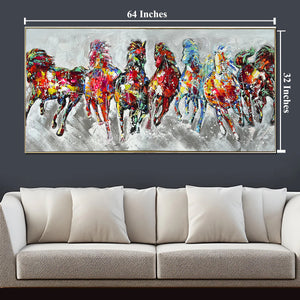 Seven Running Horses 100% Hand Painted Wall Painting(With Outer Floater Frame)
