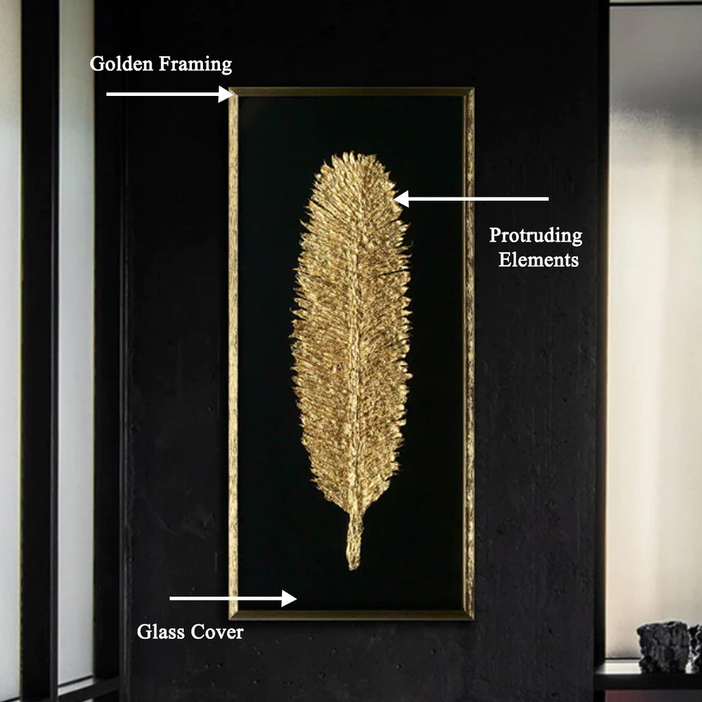 The Golden Glittered Feather Shadow Box Wall Decoration Piece - Set of 2