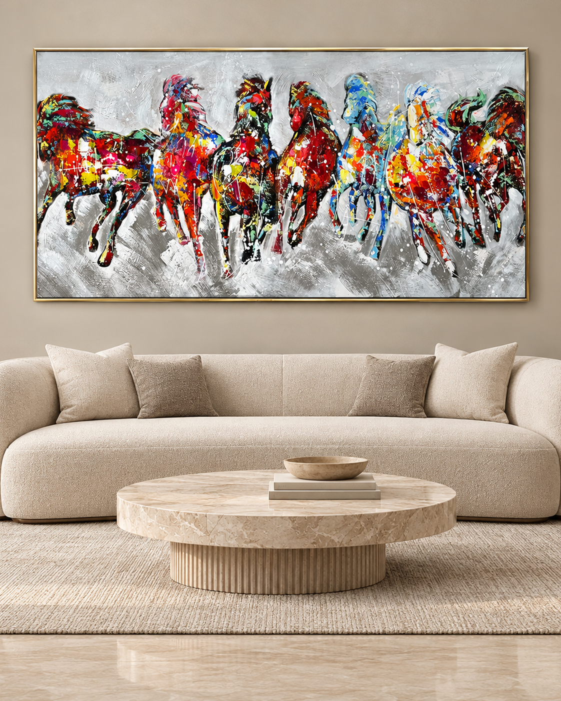 Seven Running Horses 100% Hand Painted Wall Painting(With Outer Floater Frame) (64 x 32 Inches) - Big