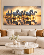 Seven White Running Horses at Sunrise Canvas Print