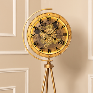 Moon Phase Tripod Base Luxury Designer Floor Clock With Moving Gear Mechanism (With Light and Remote) (Gold) (Steel Body)