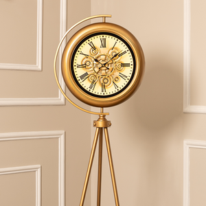 Golden Meridian Tripod Base Luxury Designer Standing Clock With Moving Gear Mechanism Buy Floor Clock Online (With Light and Remote) (Steel Body)