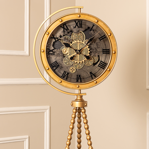 Moon Phase Tripod Base Luxury Designer Floor Clock With Moving Gear Mechanism - (Ribbed) (Gold) (Steel Body)