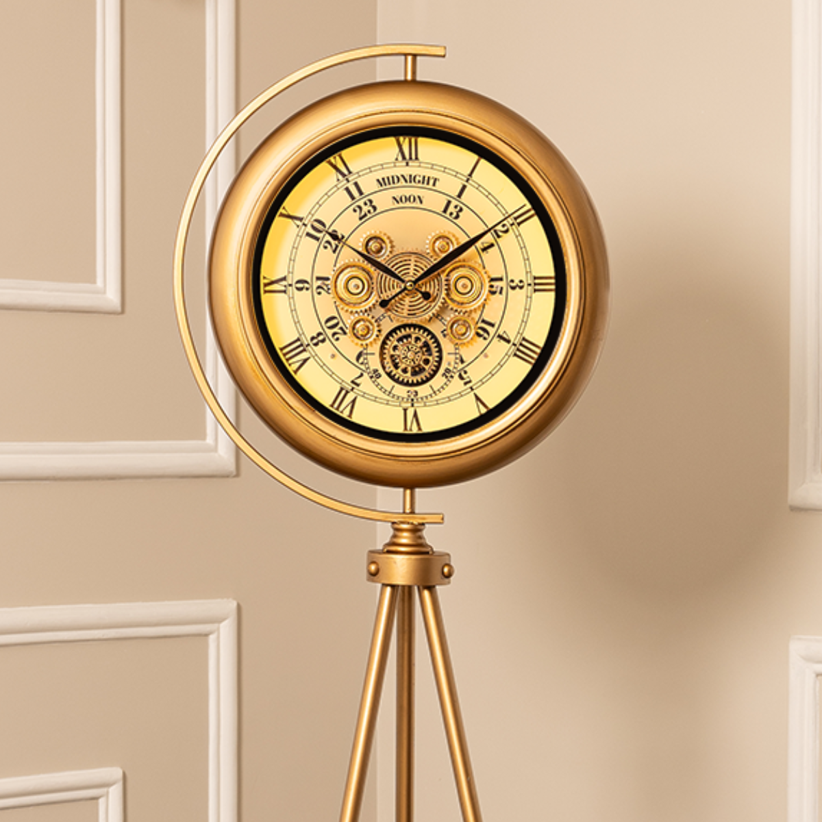 Mystic Motion Tripod Base Luxury Designer Silent Movement Floor Clock With Moving Gear Mechanism Buy Floor Clock Online (With Light and Remote) (Steel Body) - White