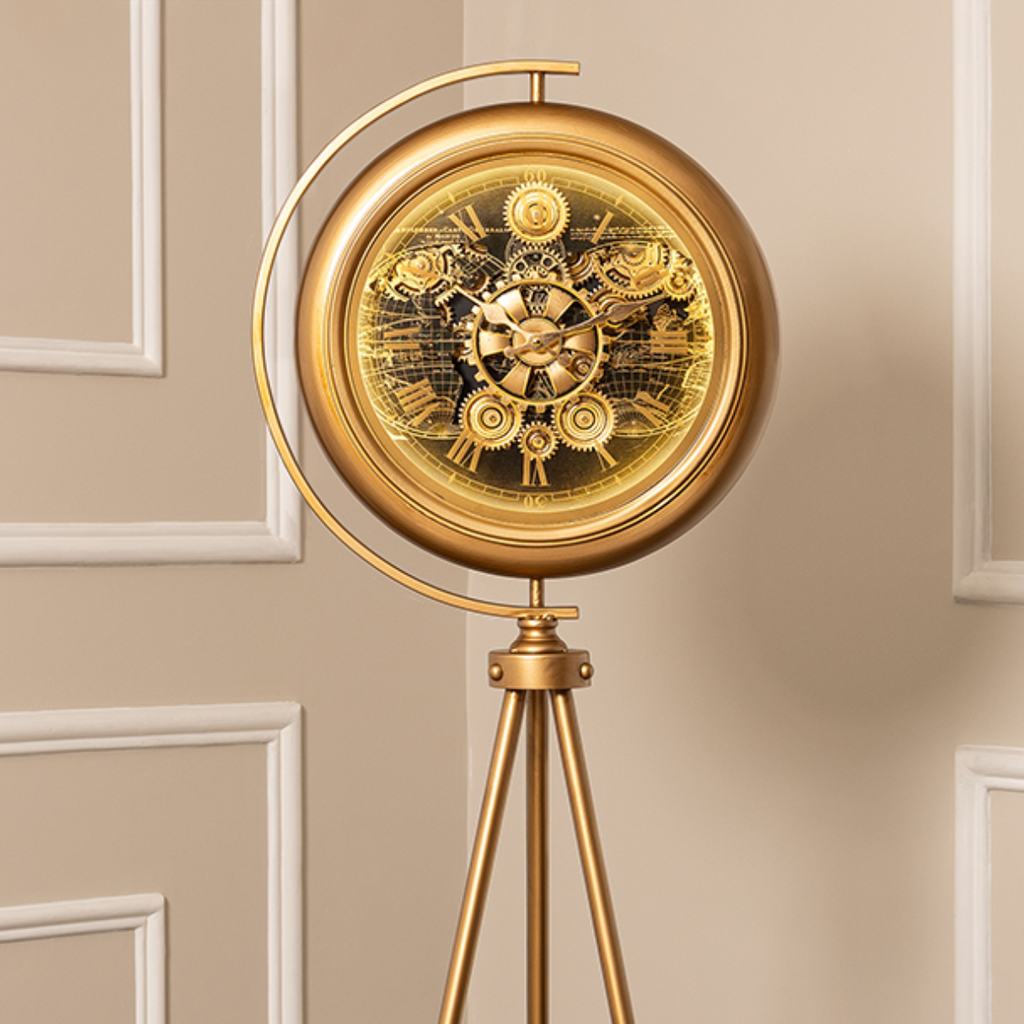 Chrono Luxe Tripod Base Luxury Designer Silent Movement Floor Clock With Moving Gear Mechanism (With Light and Remote) (Steel Body)