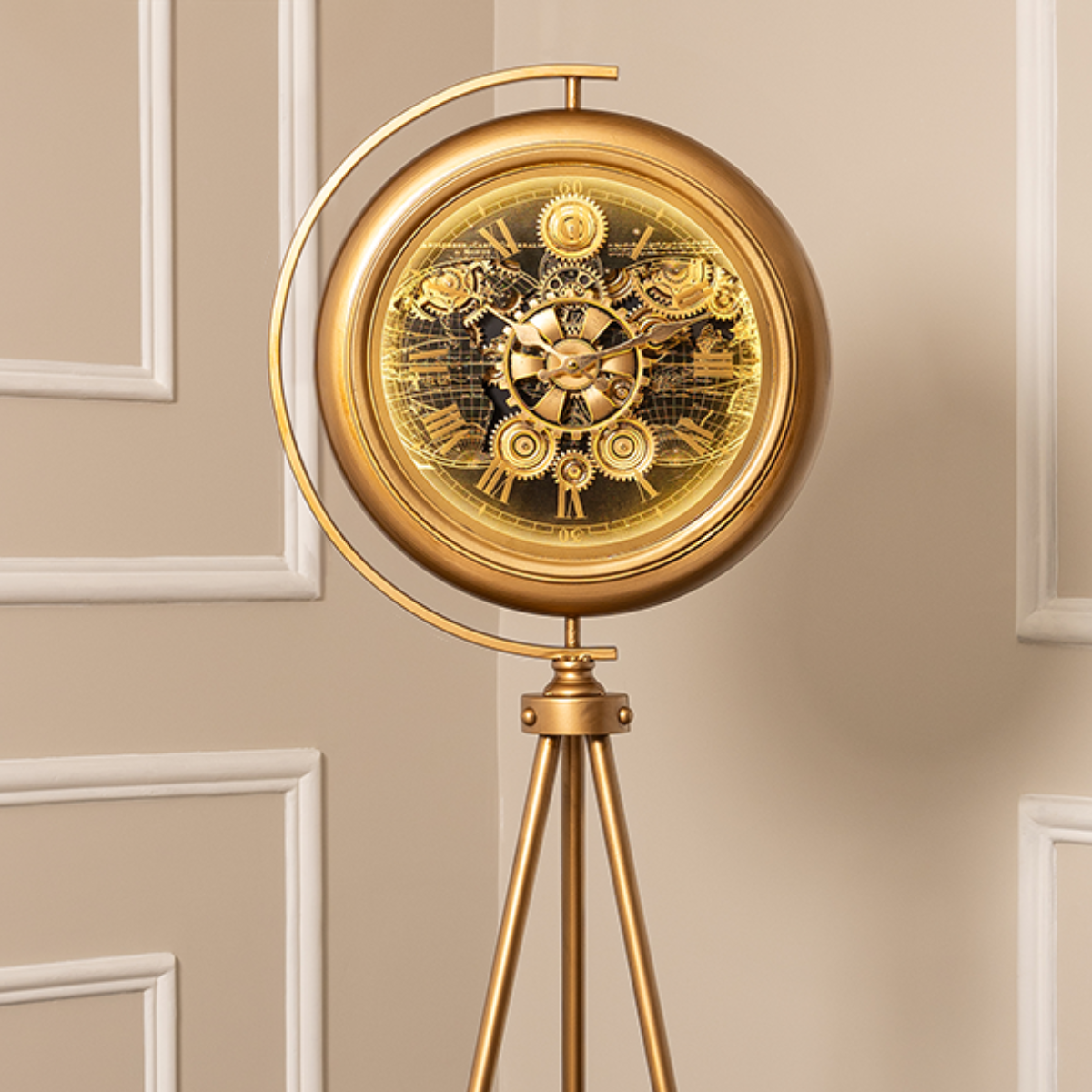 Chrono Luxe Tripod Base Luxury Designer Silent Movement Floor Clock With Moving Gear Mechanism (With Light and Remote) (Steel Body)