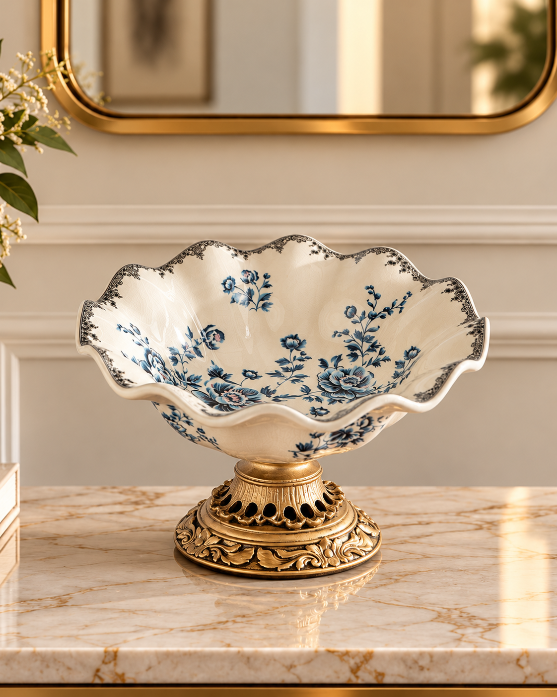 Majestic Fleur Decorative Vase & Showpiece & Home Decoration Item (Blue Pottery)