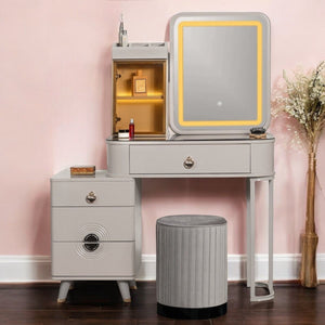 Golden Glamour  Dressing Table & Vanity Set With Mirror & Black Base Poof Chair