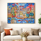 NYC Neon Love: A Vibrant Tribute to Manhattan’s Icons by MERCEDES LAGUNAS 100% Hand Painted Wall Painting (With Outer Floater Frame frame) (35.5 x 47 Inches )