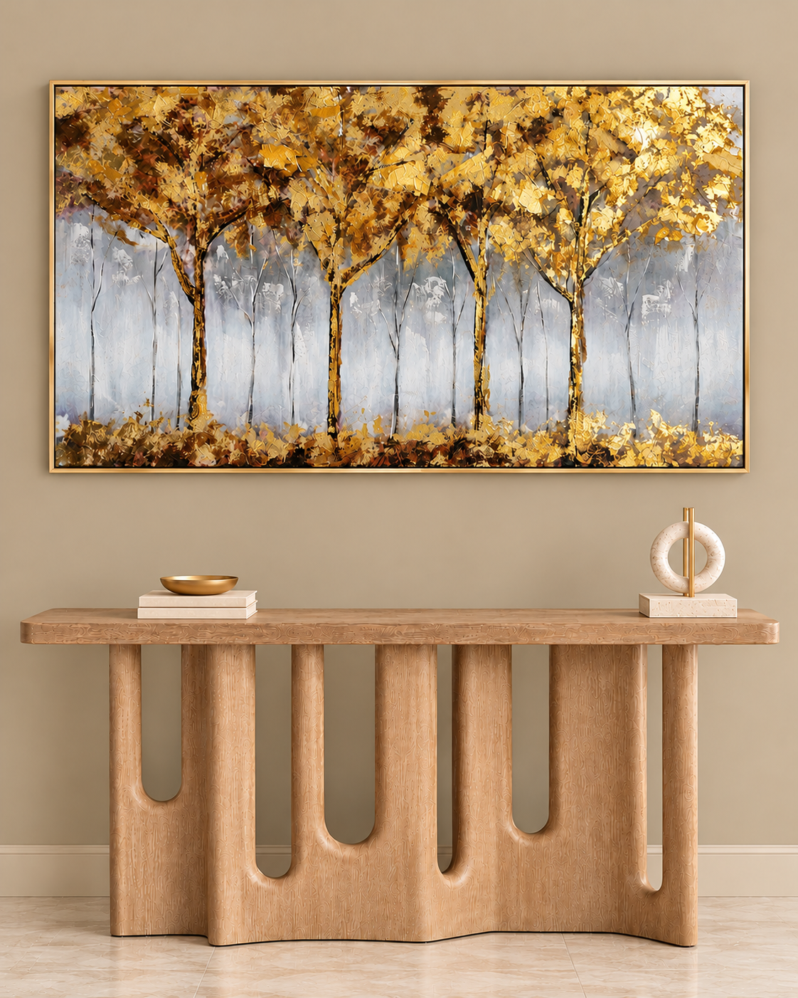 Golden Reflections 100% Hand Painted Wall Art Paintings (With outer Floater Frame)