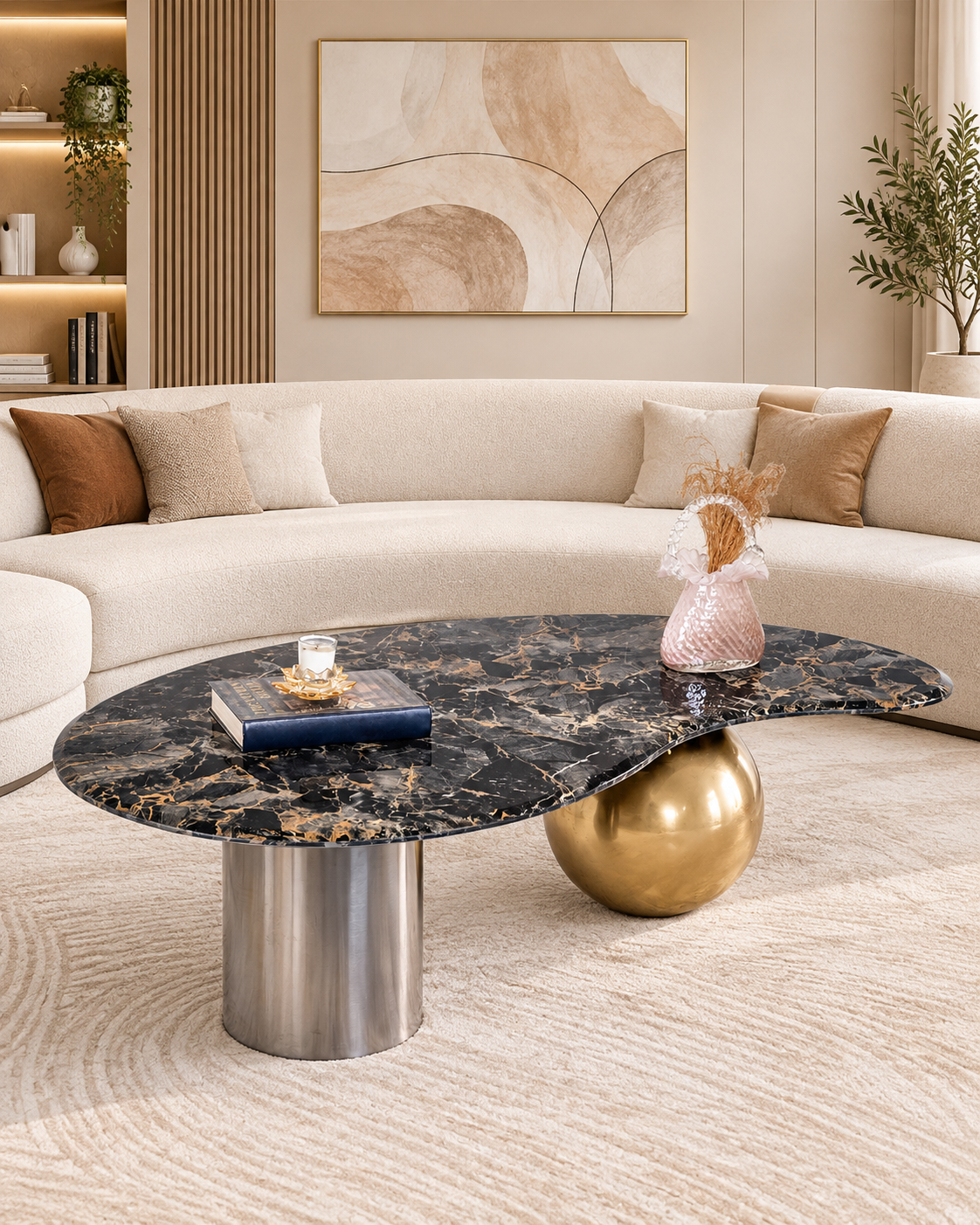 Retro Fusion Centre Table for Living Room (Stainless Steel) - Black Marble