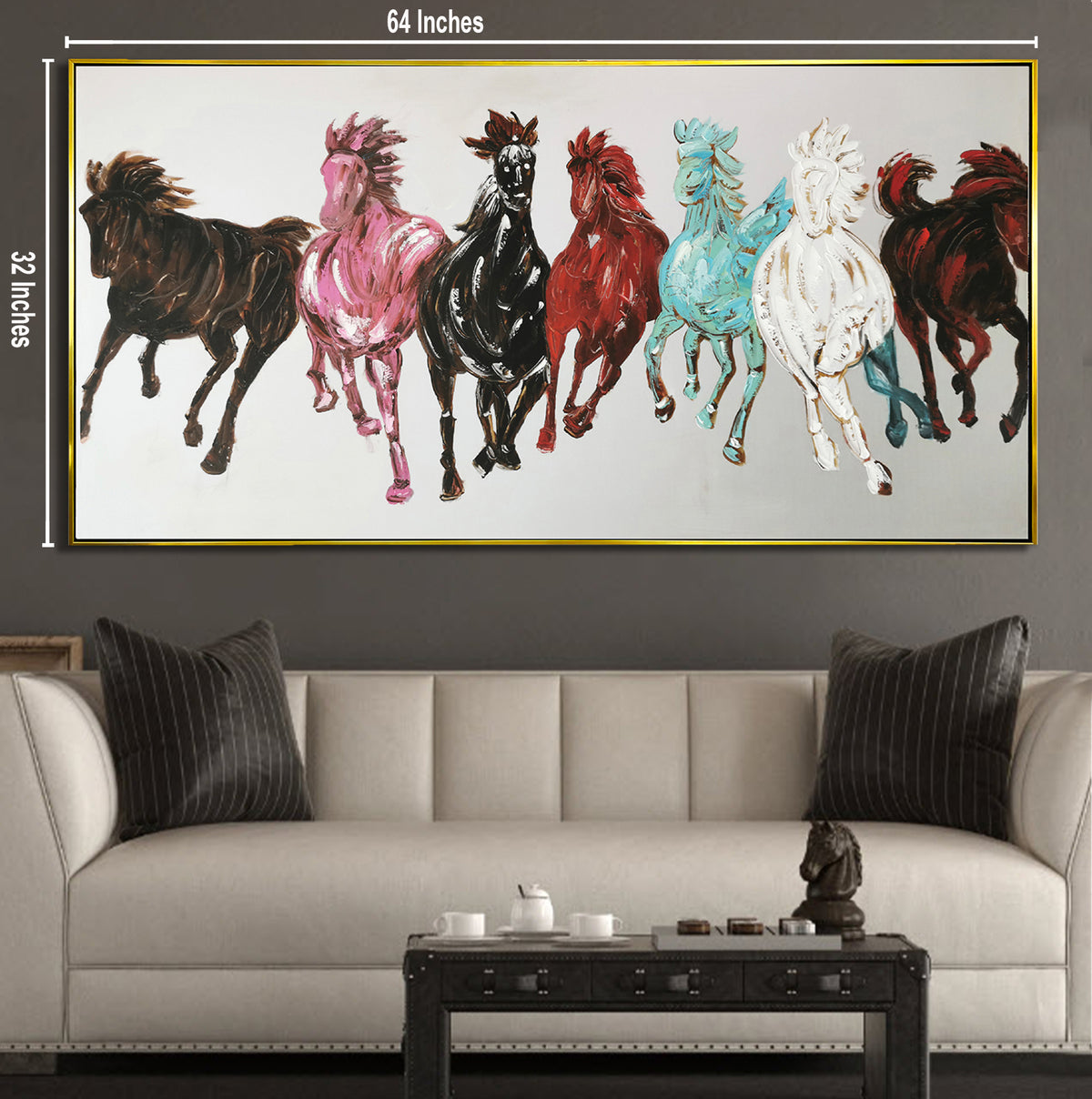 Seven Running Horses Silver Canvas 100% Hand Painted Wall Painting  (64 x 32 Inches)