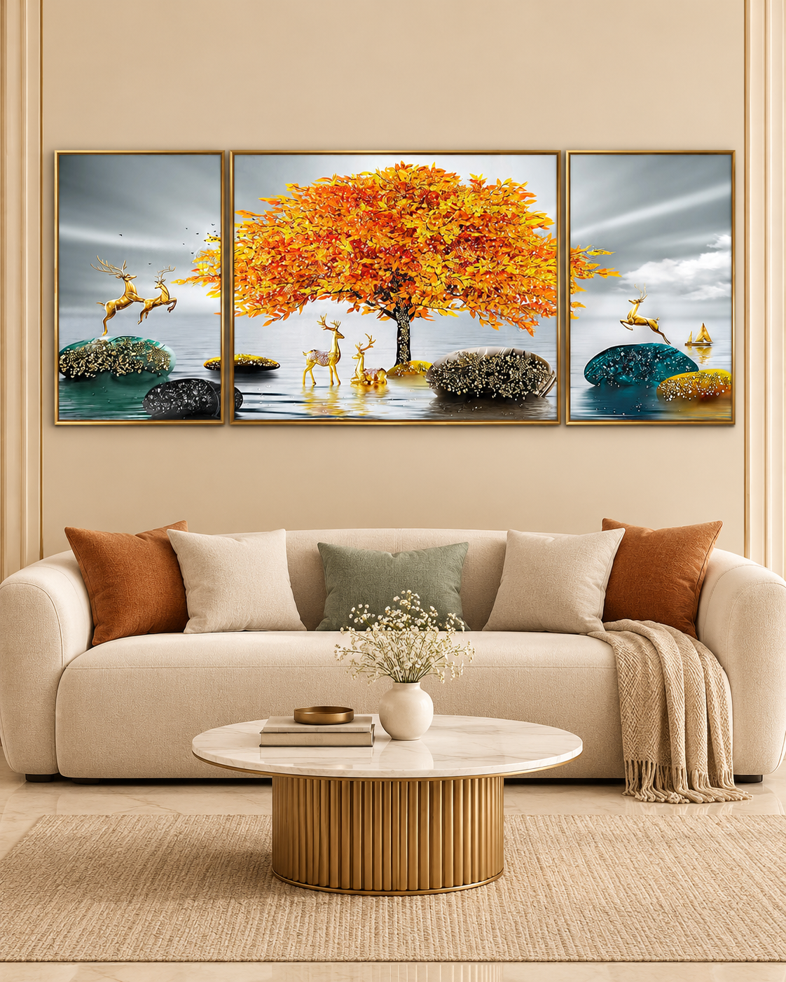 The Golden Glory Framed Crystal Glass Nature Painting - Set of 3 (B)
