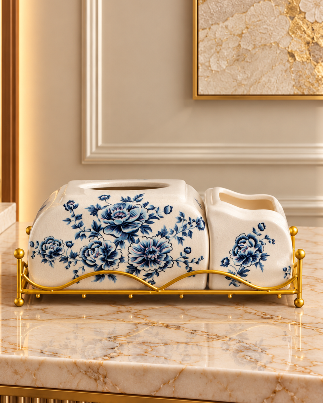 Florence Eleganc Ceramic Multipurpose Organizer Tissue Paper Holder and Remote Holder (Blue Pottery)