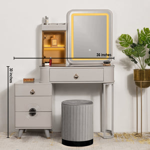Golden Glamour  Dressing Table & Vanity Set With Mirror & Black Base Poof Chair