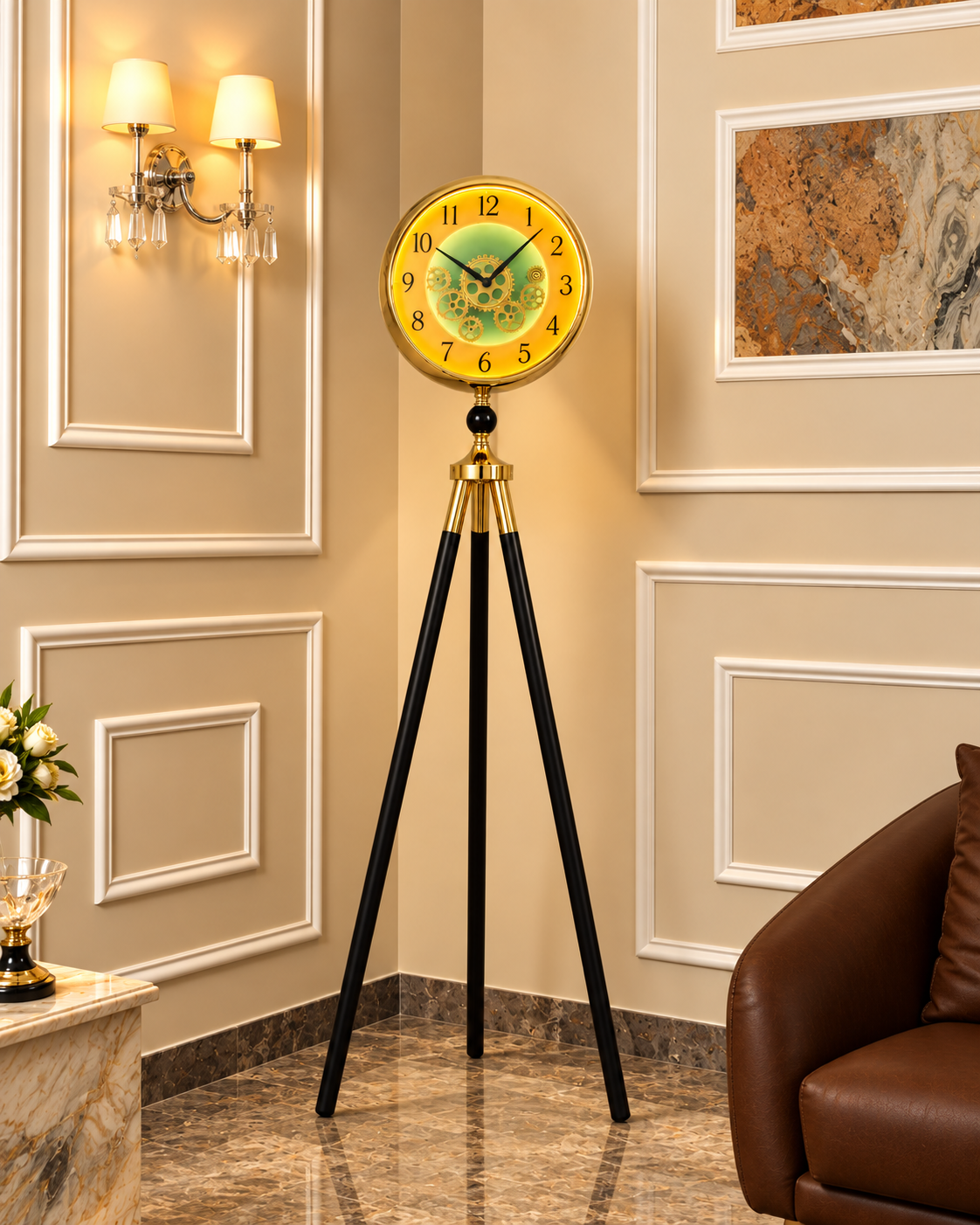Orion Timekeeper Tripod Base Luxury Designer Silent Movement Standing Clock With Moving Gear Mechanism (With Light & Remote)