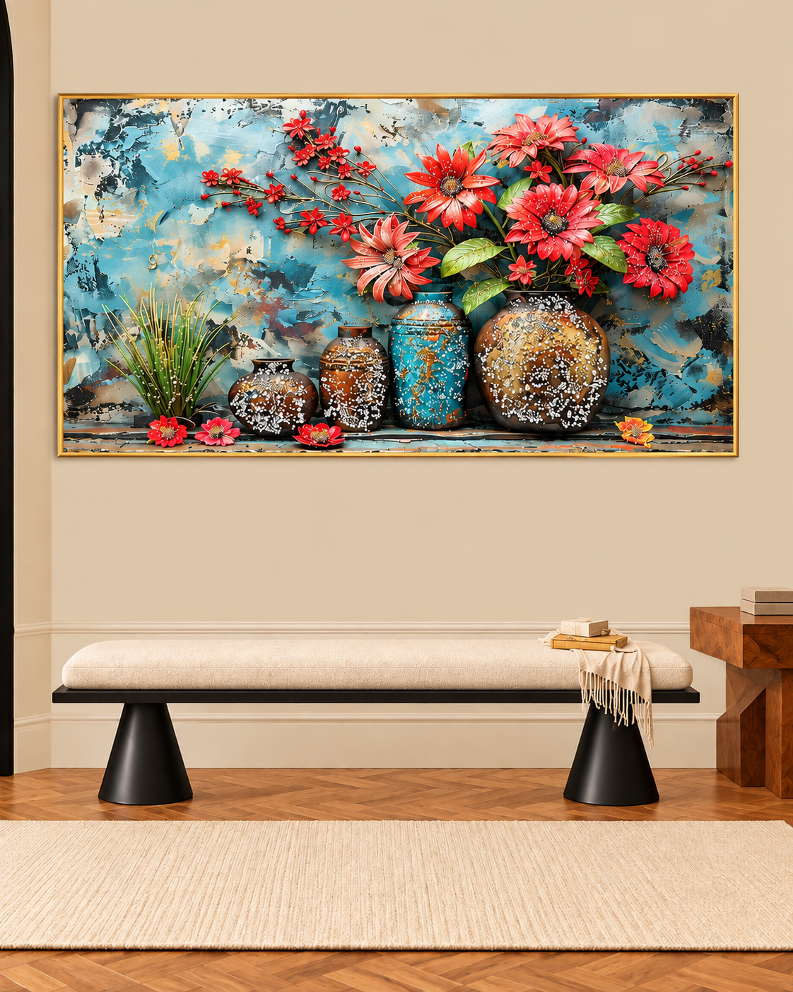 Vase of Crimson Blossoms Crystal Glass Painting & Wall Decoration Items