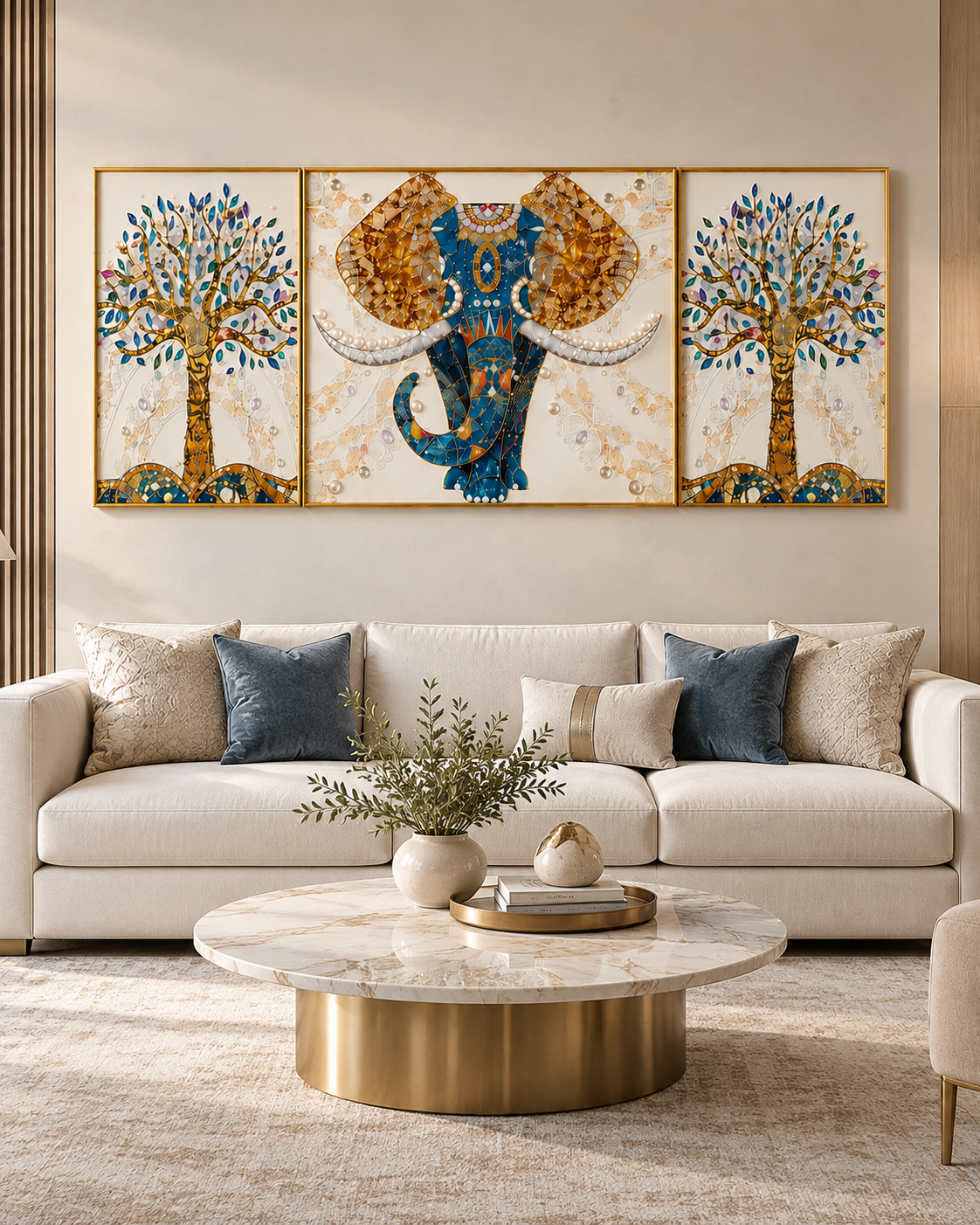 The Udaipur Elephant Framed Crystal Glass Wall Paintings For Home - Set of 3 (Pearl Work)