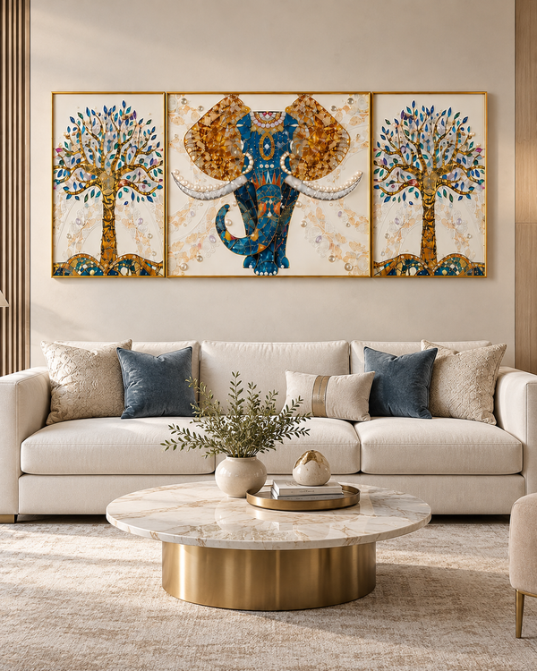 The Udaipur Elephant Framed Crystal Glass Wall Paintings For Home - Set of 3 (Pearl Work)