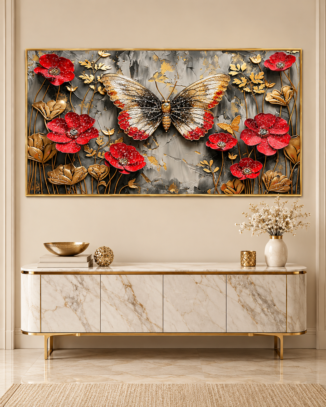 Red Bloom Butterfly Crystal Glass Framed Wall Paintings For Home & Wall Decoration items