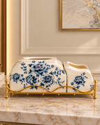 Florence Eleganc Ceramic Multipurpose Organizer Tissue Paper Holder and Remote Holder (Blue Pottery)