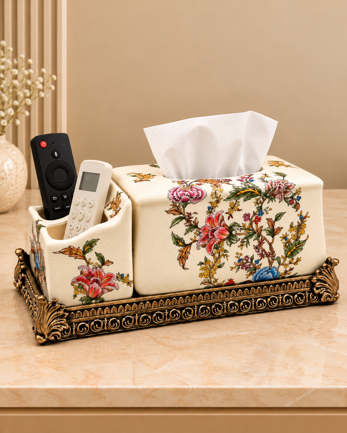 Vintage Floral Elegance Tissue Holder & Remote Organizer
