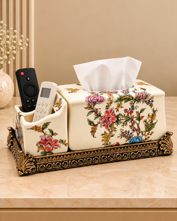 Vintage Floral Elegance Tissue Holder & Remote Organizer