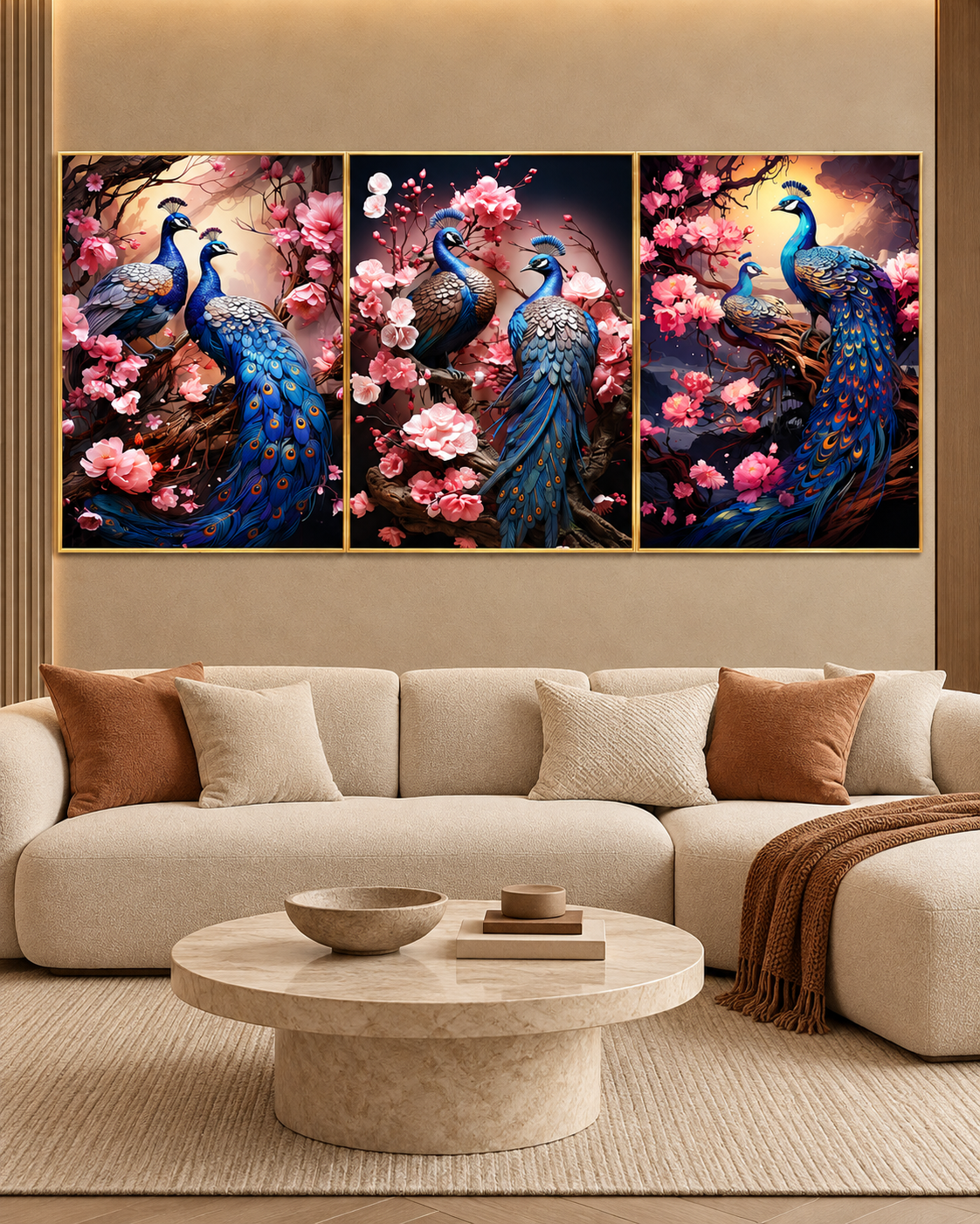 Harmonious Peacock Symphony Canvas paintings - Set Of 3