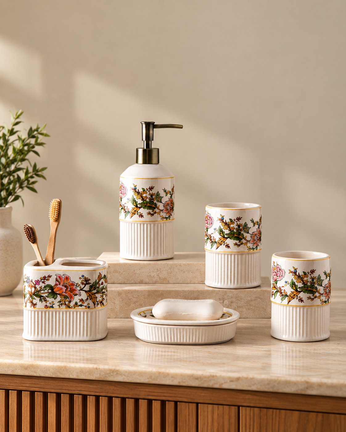 Enchanted Flora ceramic bathroom accessory set