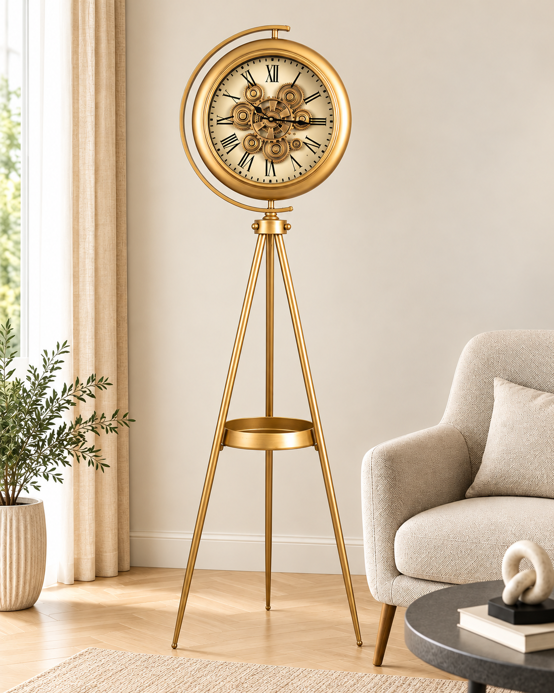 Golden Meridian Tripod Base Luxury Designer Standing Clock With Moving Gear Mechanism Buy Floor Clock Online (Steel Body)
