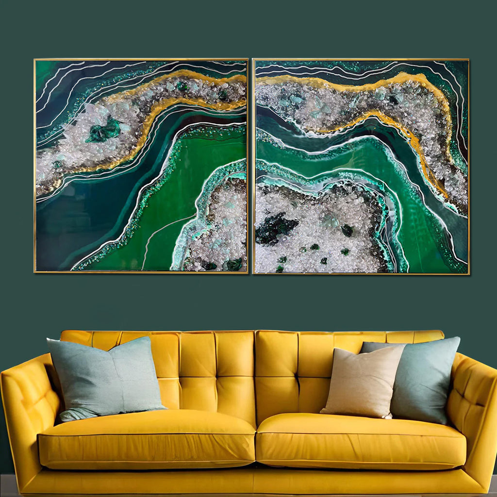 Verdant Sparkle Resin Art Wall Painting - Set of 2