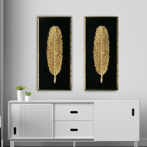 The Golden Glittered Feather Shadow Box Wall Decoration Piece - Set of 2