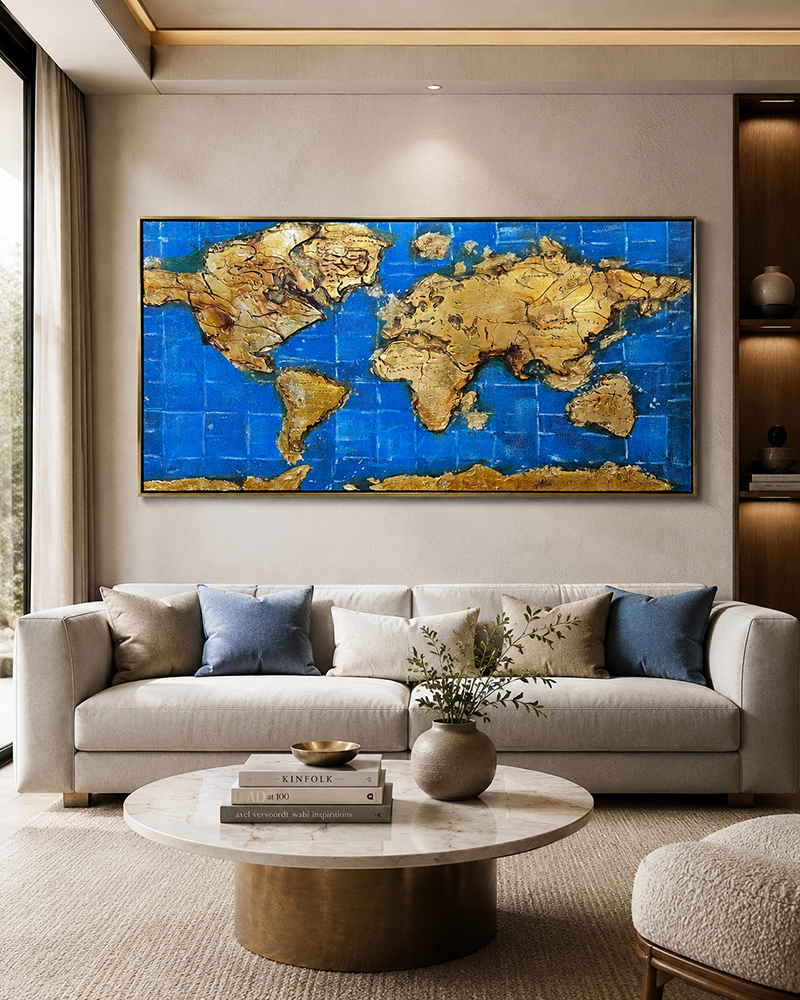 Global Odyssey World Map 100% Hand Painted Wall Painting (With Golden Outer Floater Frame frame) (27.5x55 Inches)