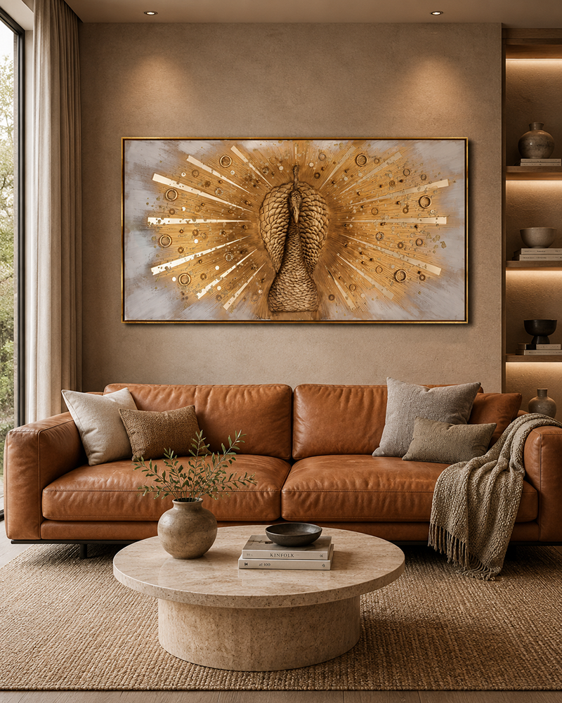 Golden Grace The Peacock in Motion 100% Hand Painted Decorative Wall Paintings for Living Room