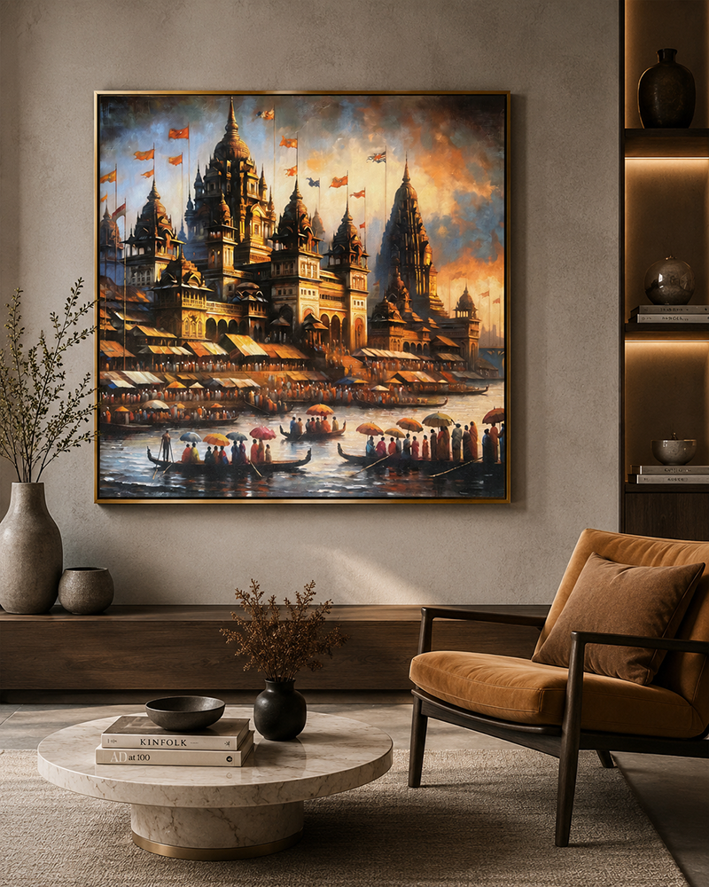 The Divine Banaras Ghats Decorative Hand painting for Home Decor (With outer Floater Frame) (40 x 40 Inches)