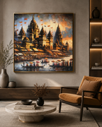 The Divine Banaras Ghats Decorative Hand painting for Home Decor (With outer Floater Frame) (40 x 40 Inches)