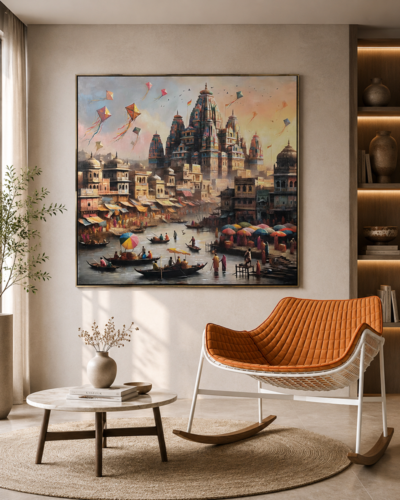 Ganga’s Embrace The Banaras Ghats Decorative Hand painting for Home Decor (With outer Floater Frame)  (40 x 40 Inches)