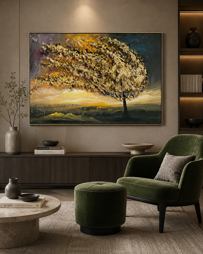 Golden Petals 100% Hand Wall Painting For Home (With Outer Floater Frame) (48 x 36 Inches)