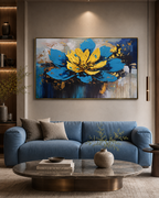 Golden Lotus Bloom 100% Hand Painted Wall Painting & Wall Decor Item (With outer Floater Frame)