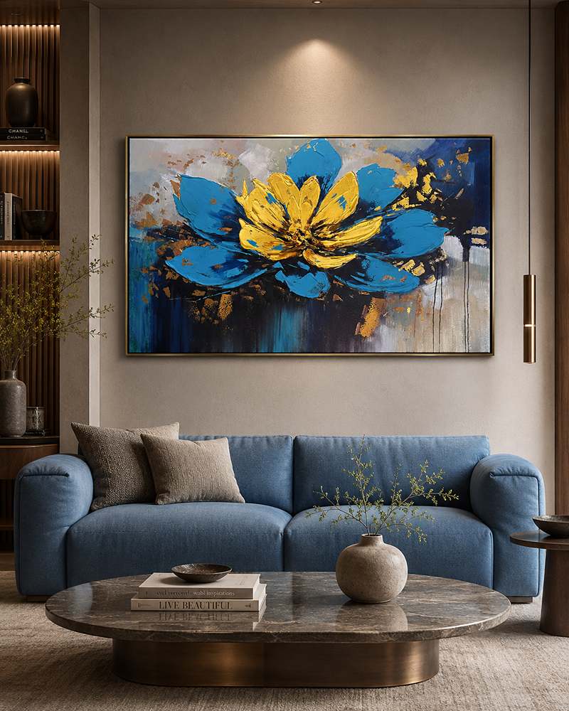 Golden Lotus Bloom 100% Hand Painted Wall Painting & Wall Decor Item (With outer Floater Frame)