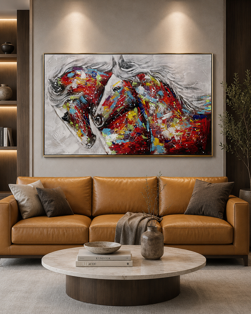 Horses in Paradise Hand Painted Wall Paintings For Home (With Outer Floater Frame) (56 x 32 Inches)