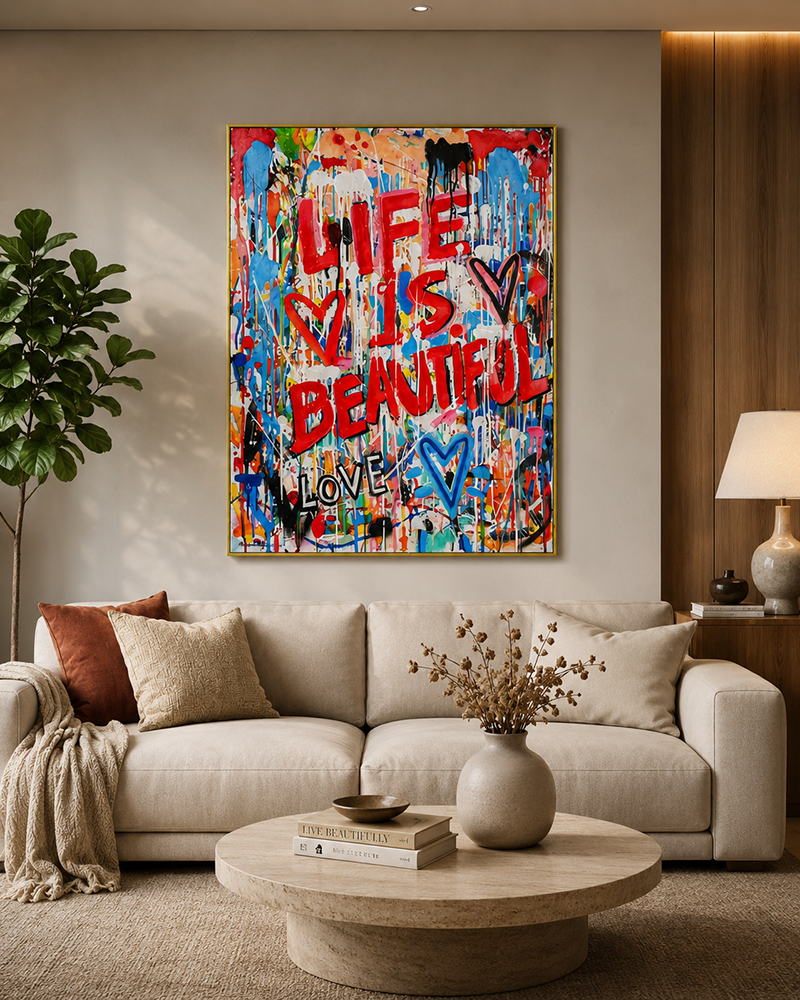 Life Is Beautiful 100% Hand Painted Wall Painting by MERCEDES LAGUNAS (With Outer Floater Frame frame) (35.5 x 47 Inches )