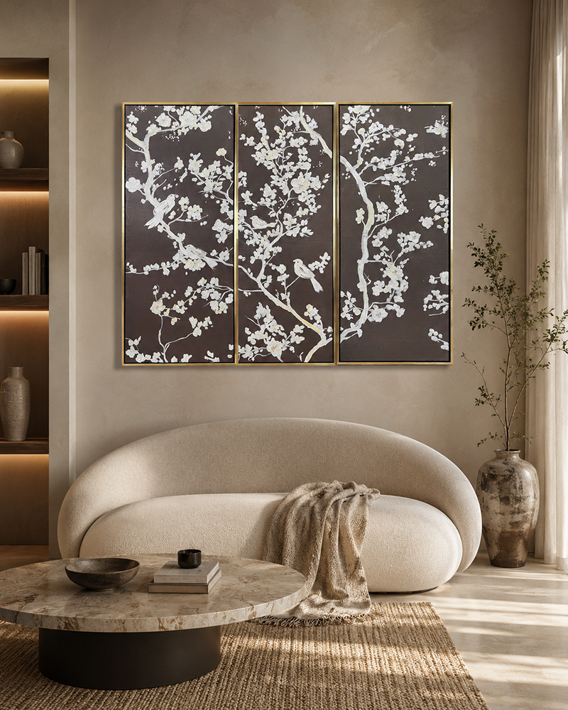 Tranquil Sparrow Symphony 100% Hand Painted Wall Painting (With Golden Outer Floater Frame frame)