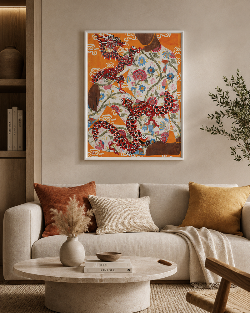 Dragon's Embrace by TITO 100% Hand Wall Painting For Home  (With Outer Floater Frame frame) (35.5 x 47 Inches )