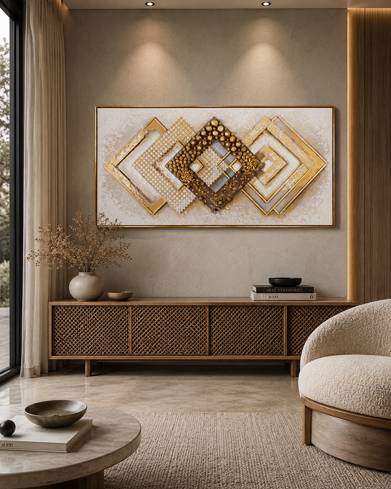 Symmetry in Gold The Geometric Elegance 100% Hand Painted Painting modern Art & Wall Decor Item