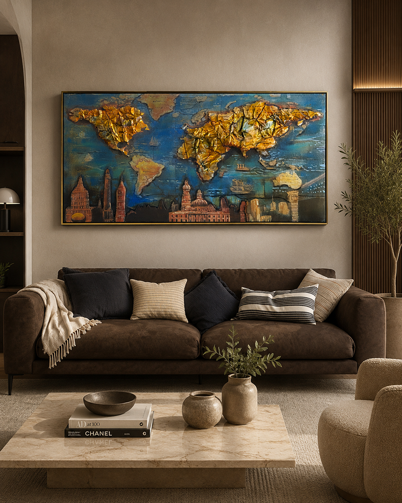 Golden World Skylines 100% Hand Painted Wall Painting (With Golden Outer Floater Frame frame) (27.5x55 Inches)